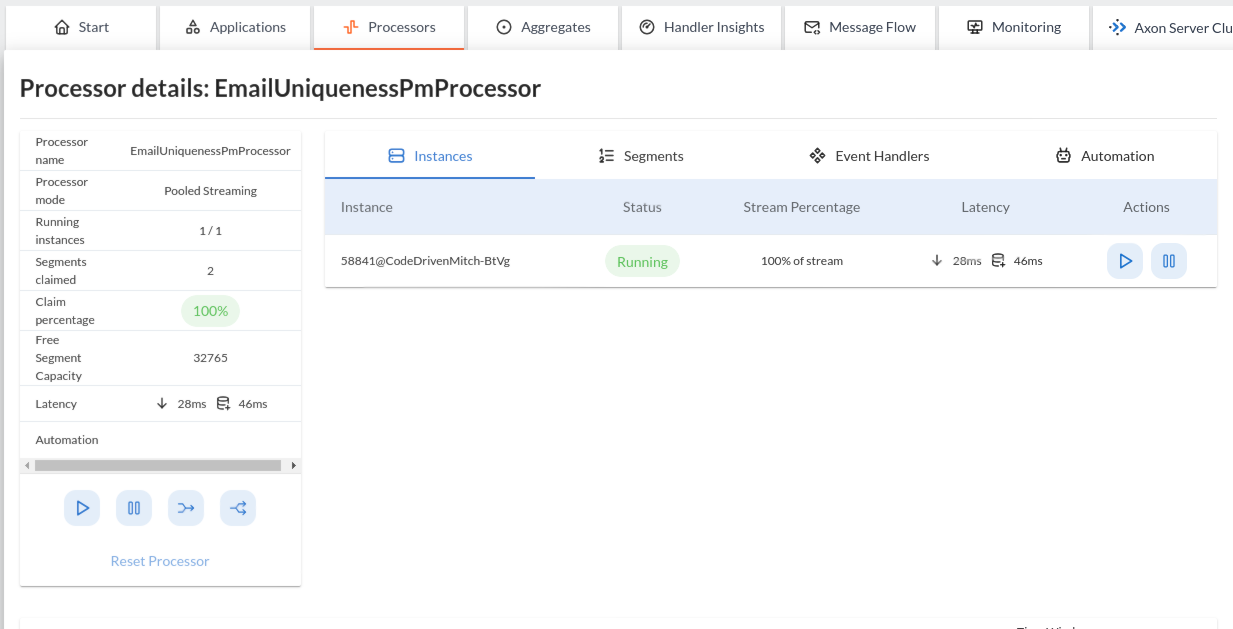 AxonIQ Console processor detail page with underlined 'Reset Processor' button