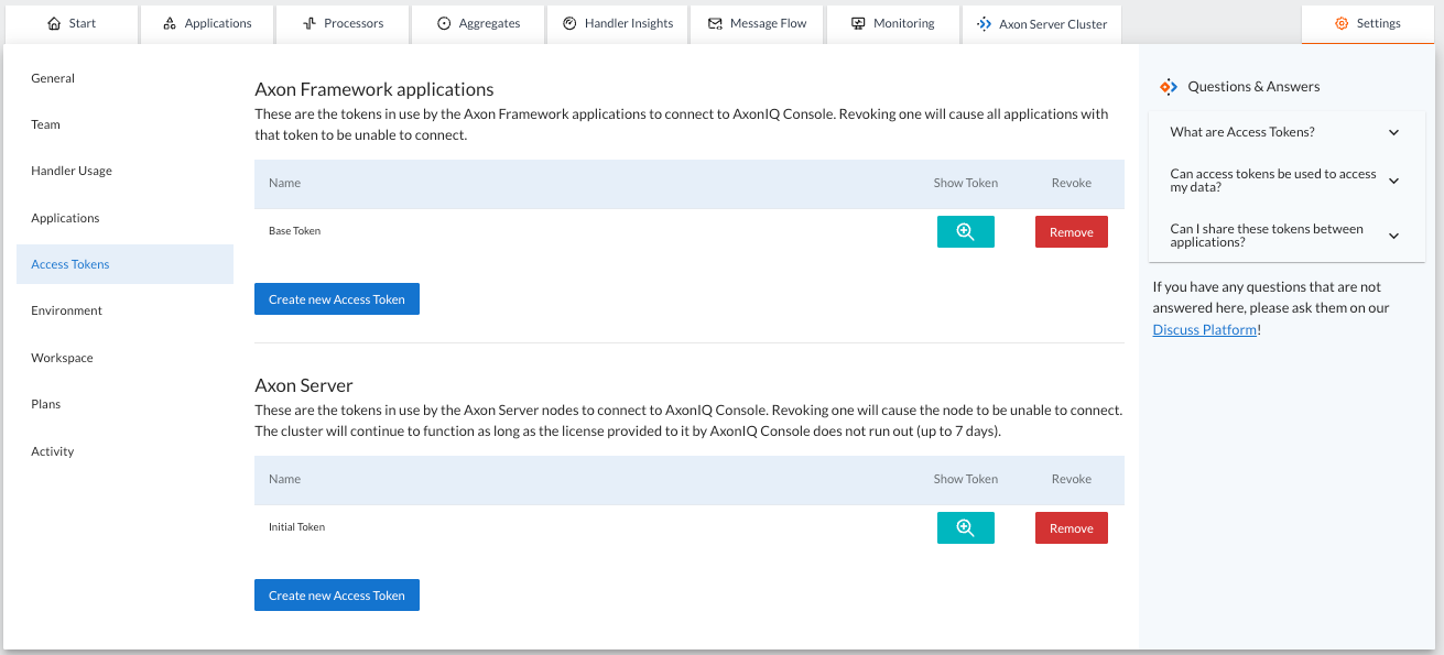 Screenshot of the 'Settings' page for Access Tokens at AxonIQ Console. The table contains a list of tokens, showing for each one of them the name, the token value and some a couple of buttons with actions that can be performed to delete or configure the token. On the right side of the list of already defined tokens there is a field to add a new Access Token and a button to create the new token.