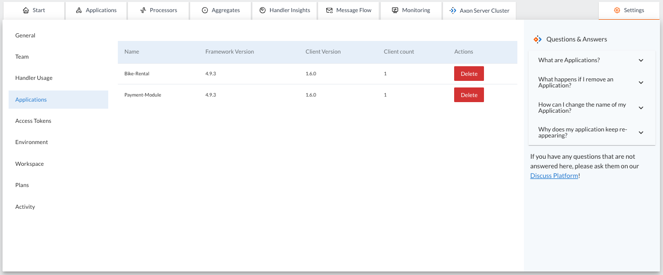 Screenshot of the 'Settings' page for Applications at AxonIQ Console. The Applications table shows a list of connected applications. For each application the table shows the application name, the Axon Framework version, the console-framework-client library version used by the application, the number of clients connected to each one of them and an Actions columns that allow to delete the application from AxonIQ Console.