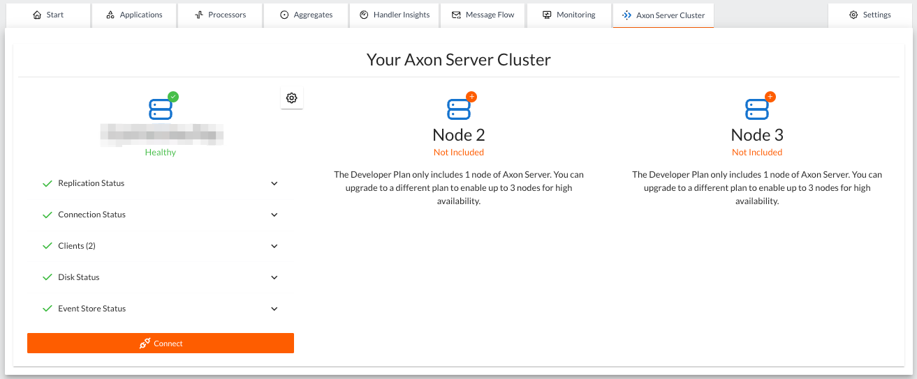 Screenshot of the Axon Server Cluster tab in the AxonIQ Console dashboard, showing information about the Axon Server nodes connected to AxonIQ Console.