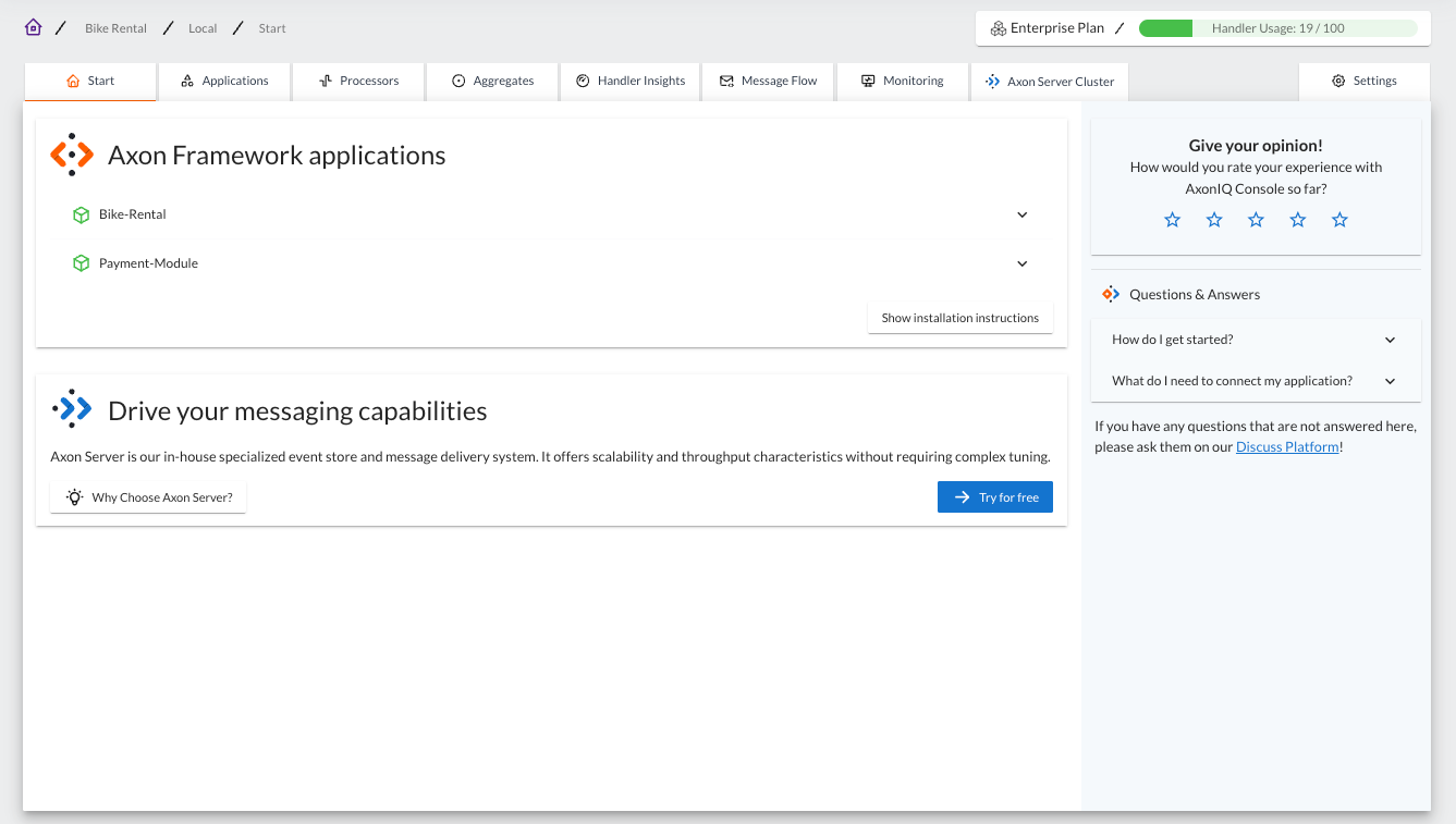 A screenshot of the main AxonIQ Console dashboard, at the 