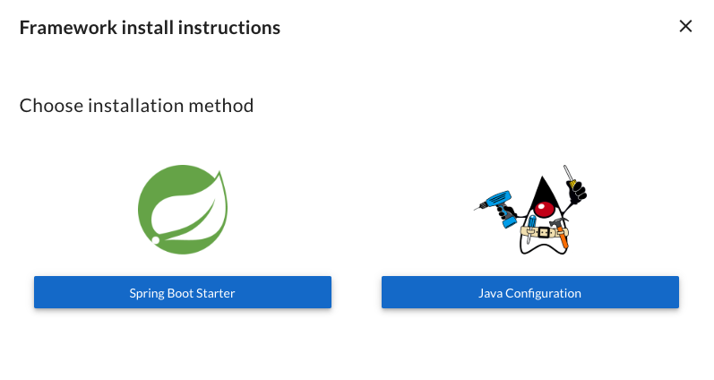 A screenshot of the options in the AxonIQ Console dasboard that shows instructions to connect your Axon Framework applications when the user has not connected any application yet. The panel shows two options for the user to choose from as 