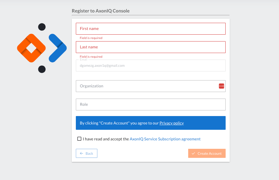 Screenshot of the first step form to set an AxonIQ Console account. In the top left corner the step number and the title can be seen: 'Step 1. Set up your account'. On the right half of the page, there is a form with five fields to enter your name, last name, e-mail, organization and role. Right after the last field, there is a message stating that 'By Clicking on the continue button, you agree to our Privacy Policy', providing links to the Privacy Policy. Lastly, at the bottom right part of the screen there is a big orange 'Create Account' button.