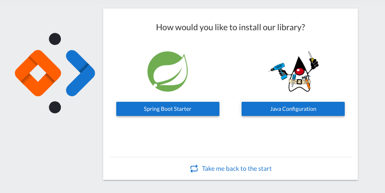 Screenshot of the AxonIQ Console welcome panel that offers instructions for connecting the Axon Framework application. The pannel shows two different options for the installation method: on the left, a button to show the instructions to install an Axon Framework built with Spring Boot application; on the right side, there is a button to show the instructions to install an aplication built Axon Framework using plain Java Configuration.