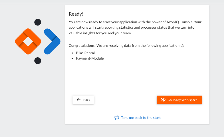 Screenshot of the final panel in the AxonIQ Console welcome page showing the list of connected applications.