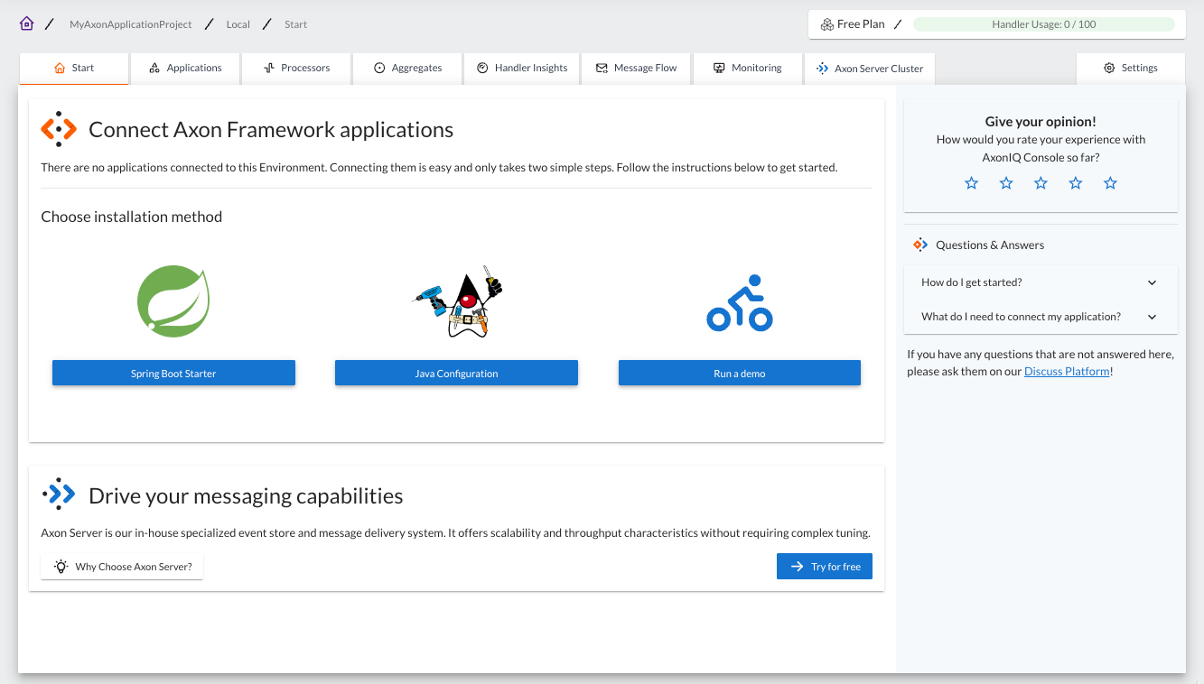 Screenshot of the 'Start' tab in the AxonIQ Console dashboard when there are no Axon Applications connected.