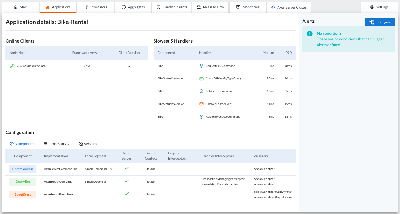 Screenshot of the Applications tab in the AxonIQ Console dashboard showing the details for a specific application. The tab shows three tables with the list of online clients, the slowest 5 handlers in this application and the configuration for message buses and processors defined in the application, as well as the different libraries and versions used by this application. The details also include a panel on the left side with information about the alerts -if any- triggered for the application and a button to configure specific alerts for this application.