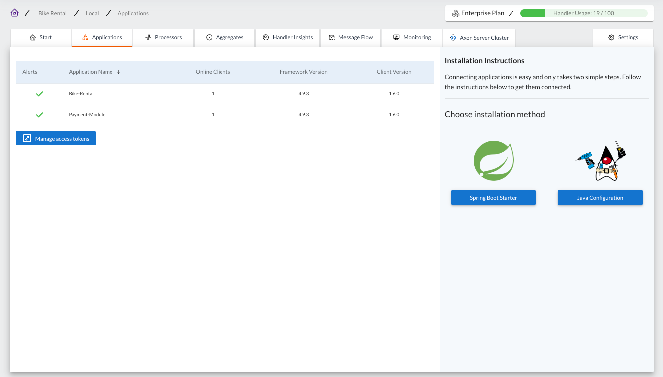 An screenshot of AxonIQ Console dashboard showing Axon Server connected applications and the links for instructions to connect additional applications.