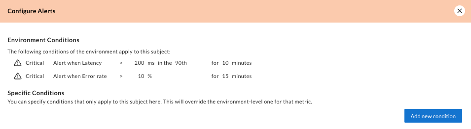 Screenshot of the panel for configuring the conditions under which an alert is triggered for a specific message handler.