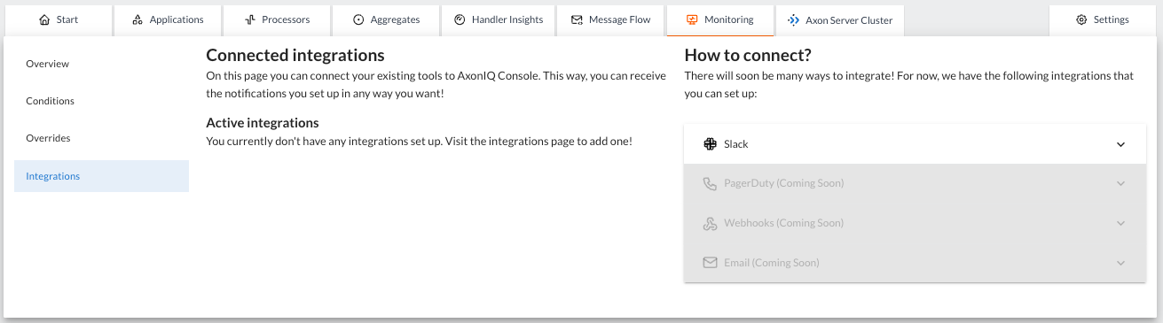 Screenshot of the integrations panel of the Monitoring tab in the AxonIQ Console dashboard