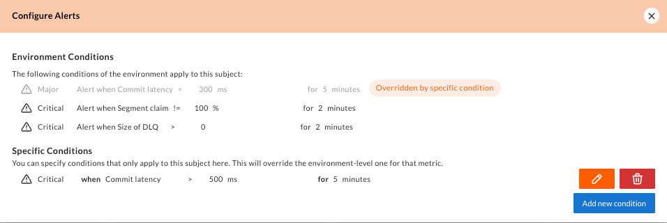 Screenshot of the panel for configuring conditions under which an alert is triggered for a specific application.