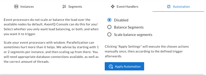 Screenshot of the Automation Configuration panel from the Processors detail view in the AxonIQ Console Processors tab