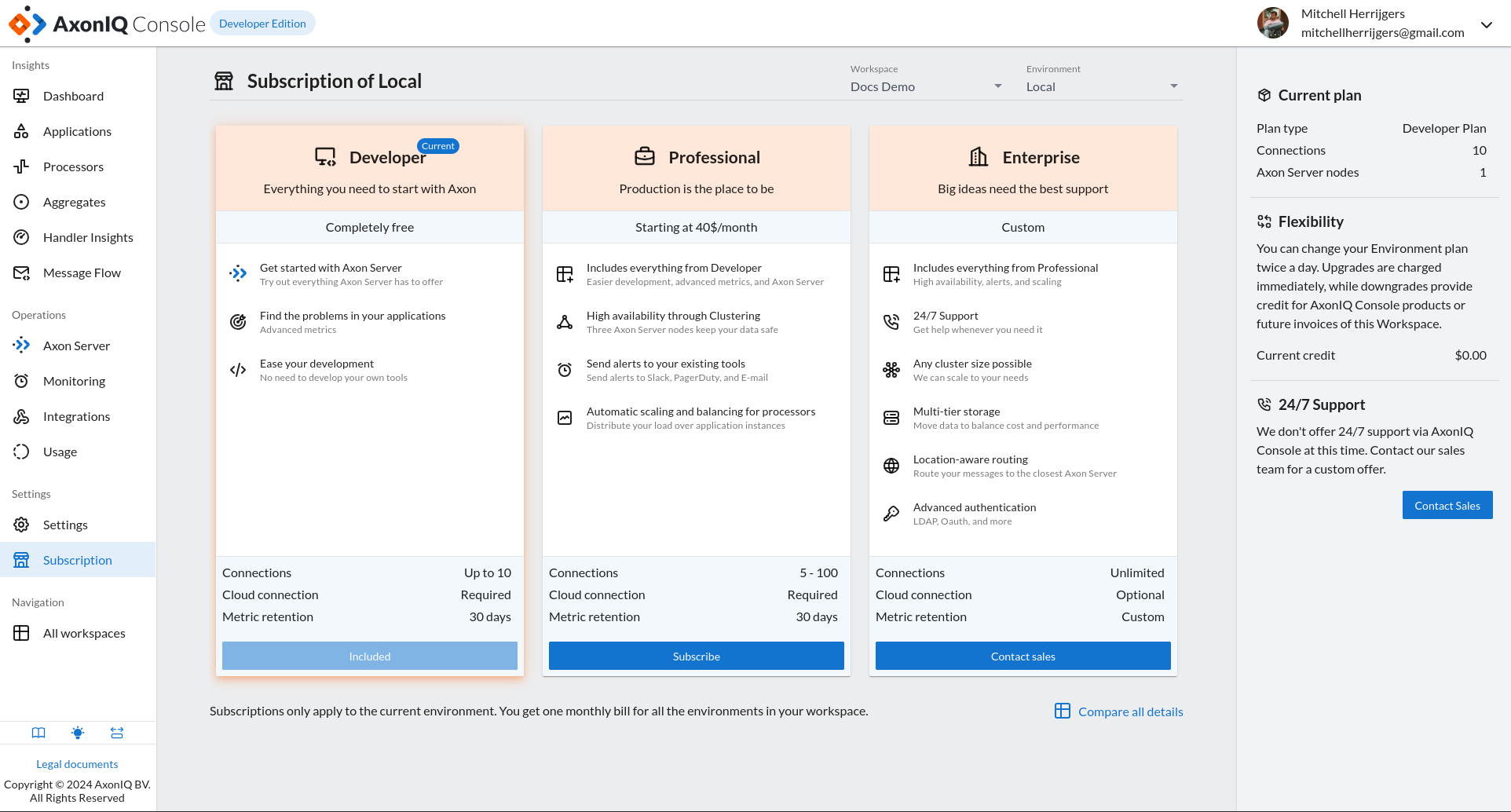 Screenshot of the Subscription page in AxonIQ Console