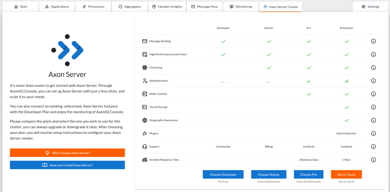 Screenshot of the Axon Server plans