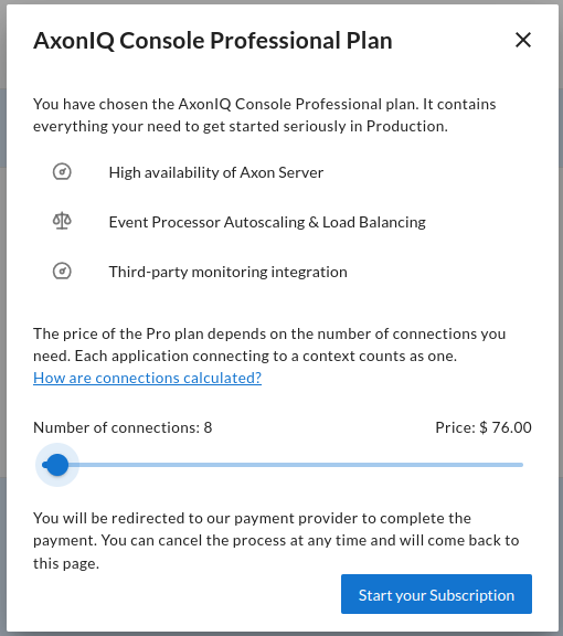 Screenshot of the Professional plan popup