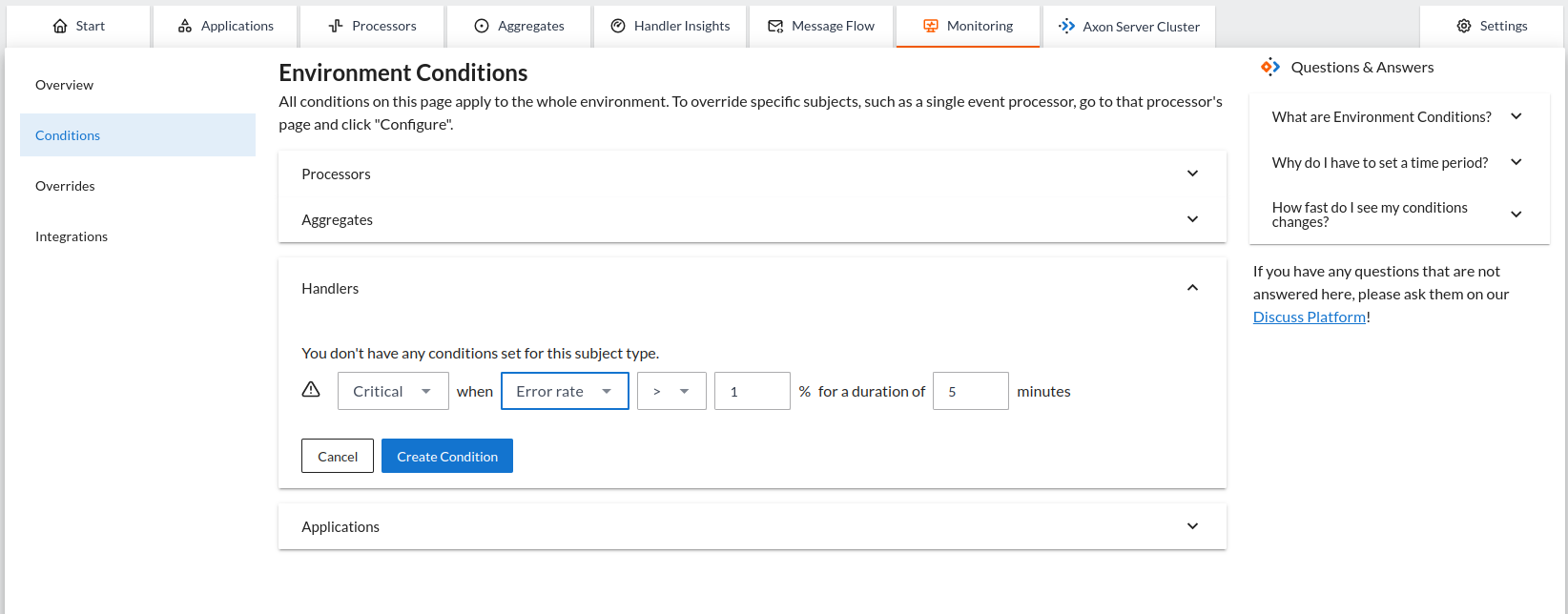 Screenshot of the Monitoring Conditions screen in AxonIQ Console with a new condition being added