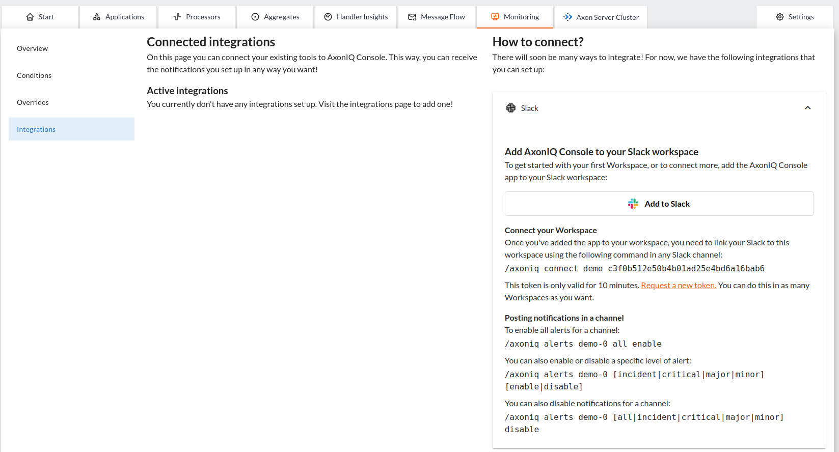 Screenshot of the Integrations section in the Monitoring tab in AxonIQ Console