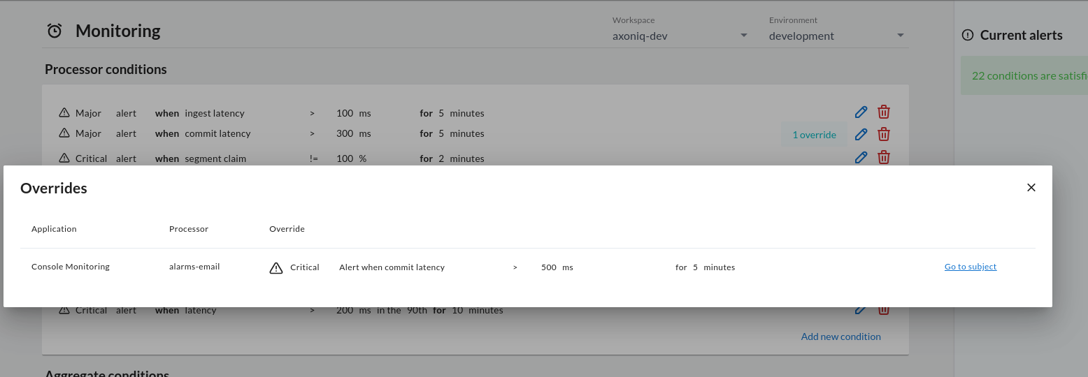 Override page of the monitoring section showing a handler override