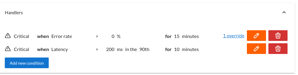 Screenshot of the Monitoring Conditions screen in AxonIQ Console with an override shown