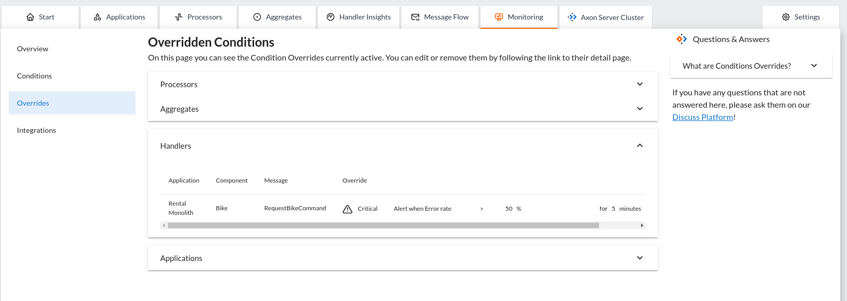 Override page of the monitoring section showing a handler override