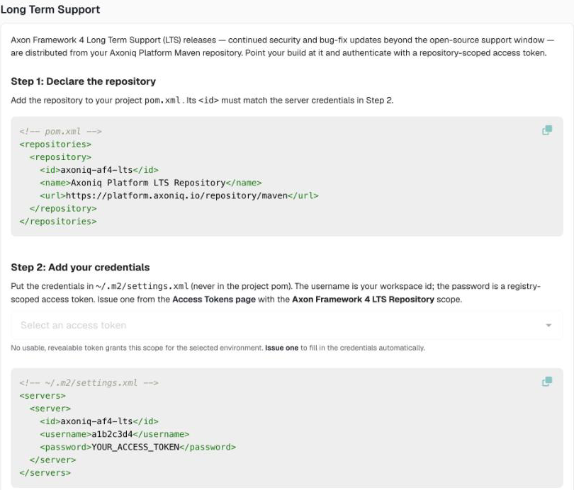 The Long Term Support page in the Resource Center with the repository and credentials snippets