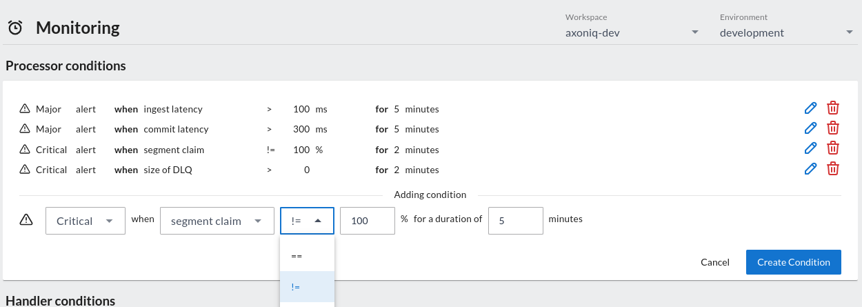 Screenshot of the Monitoring Conditions screen in Axoniq Platform with a new condition being added