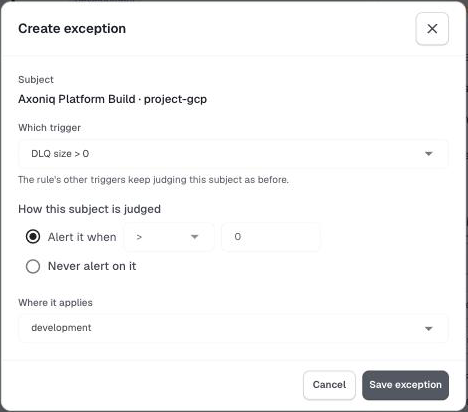 The Create exception dialog
