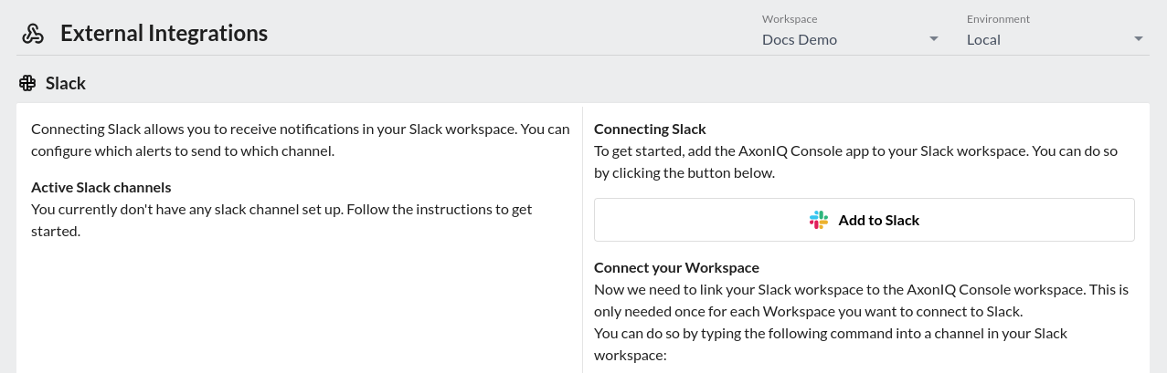 Screenshot of the Integrations section in the Monitoring tab in Axoniq Platform