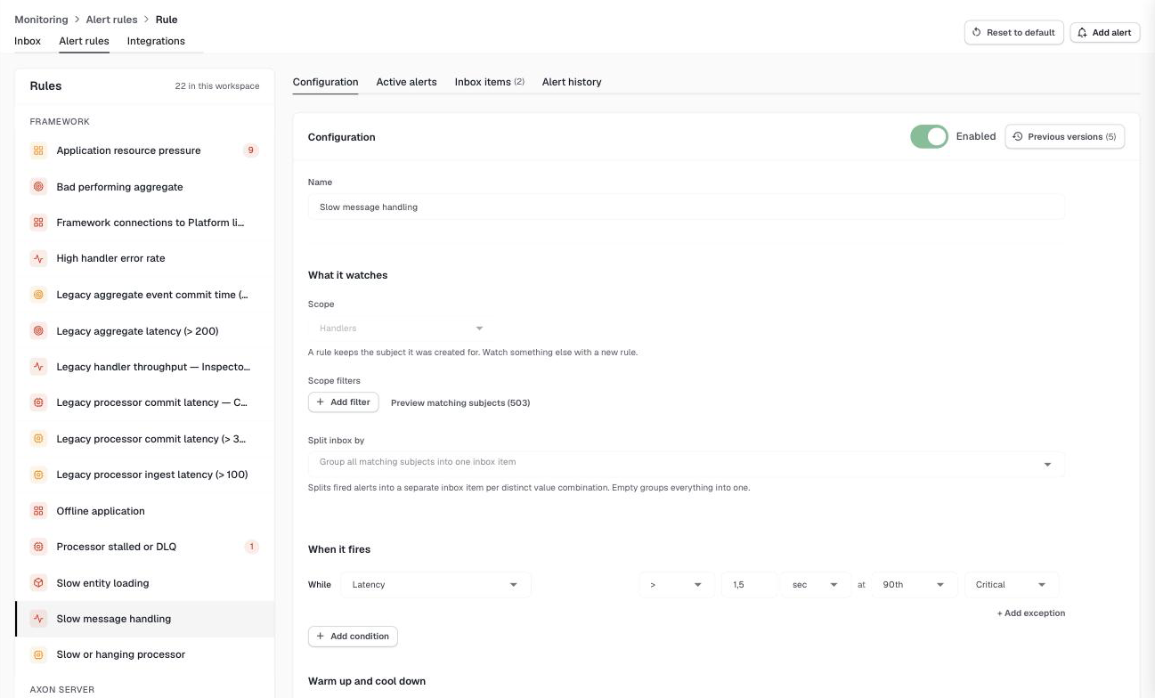 The alert rules page with the list of rules on the left and the rule editor on the right
