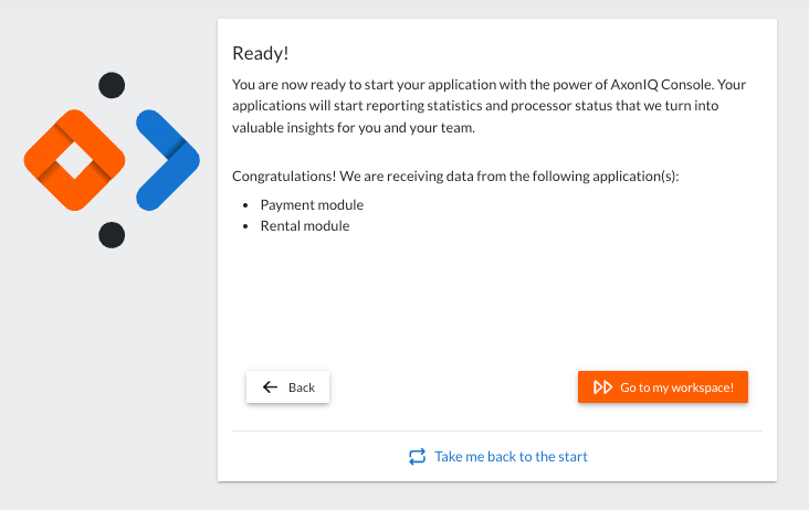 Screenshot of the AxonIQ Console page showing that both the Payment and Rental modules are connected. The page also shows an orange button at the bottom right labeled 'Go to my workspace