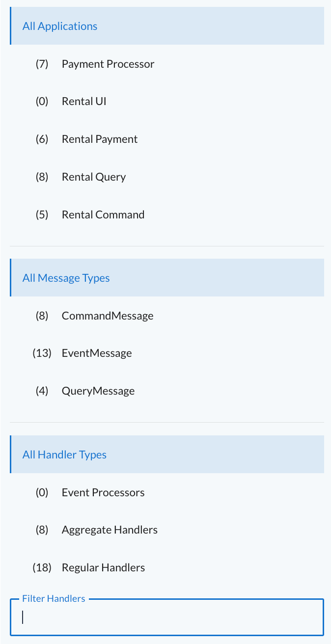 Screenshot of the side-menu filter handler insights table by application, message type, handler type, or search for a specific handler