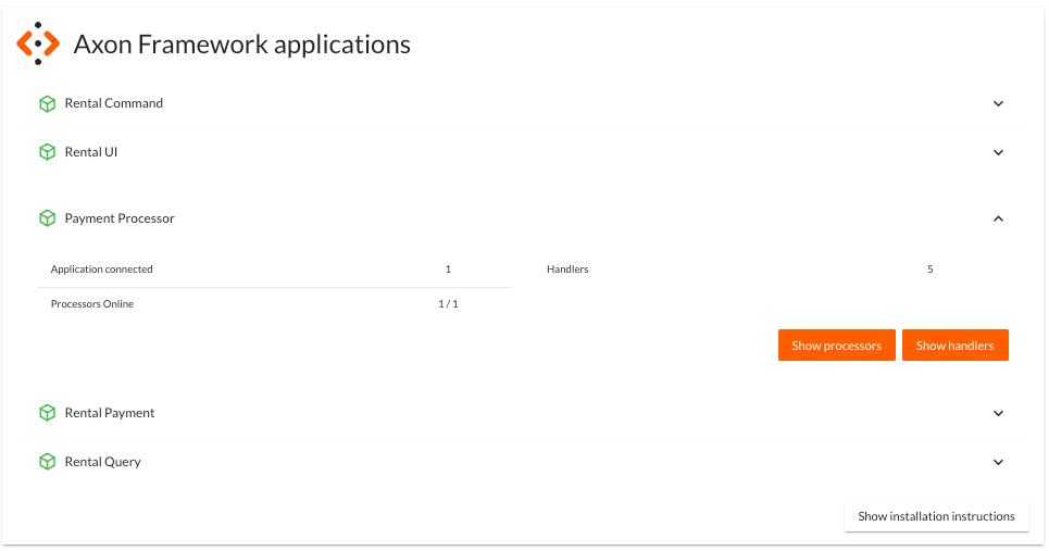 Screenshot of the 'Axon Framework Applications' panel from the 'Start' tab of the AxonIQ Console dashboard, showing the extended information for one of the connected modules. In this case, the extended information for the 'Payment Processor' module is displayed, showing that the module has a single instance connected, five handlers defined, and has one out of one processors online.