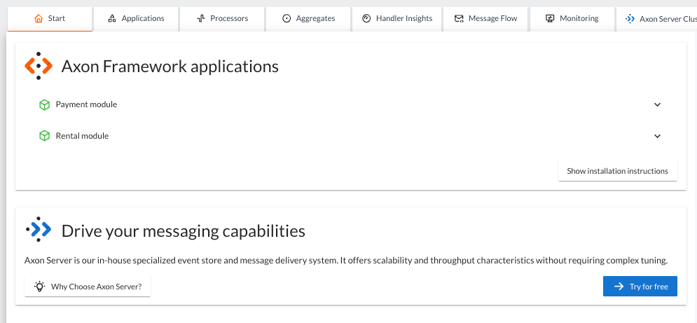 Screenshot of the Axon Framework applications panel in the Start tab of the AxonIQ Console dashboard, showing only the Payment and Rental modules that correspond to the bike-rental application built following the 'Building an Axon Framework application from scratch' tutorial