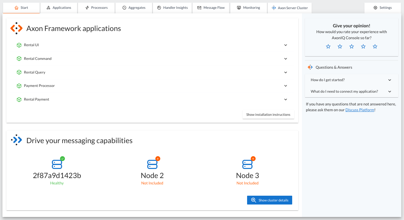 Screenshot of the Start tab of the AxonIQ Console dashboard with the modules from the docker-based bike rental demo application connected.