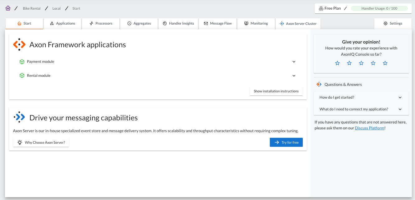 Screenshot of the main AxonIQ Console dashboard with the Payment and Rental modules connected.