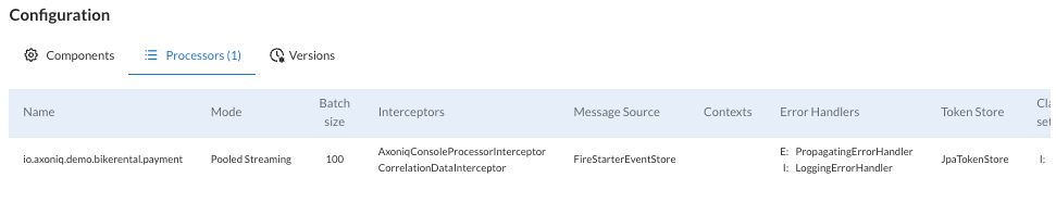  Screenshot of the table that displays the configuration for each of the event processors of a particular module in the Detailed view of an application within the Applications tab of the AxonIQ Console dashboard