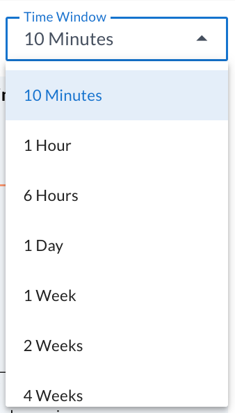 Screenshot of the Time Window drop-down selector that allows to select the time range used in the graphs from ten minutes up to 4 weeks.