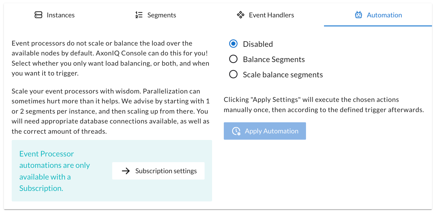 Screenshot of the dialog that allows to configure some automation to manage the event processor.