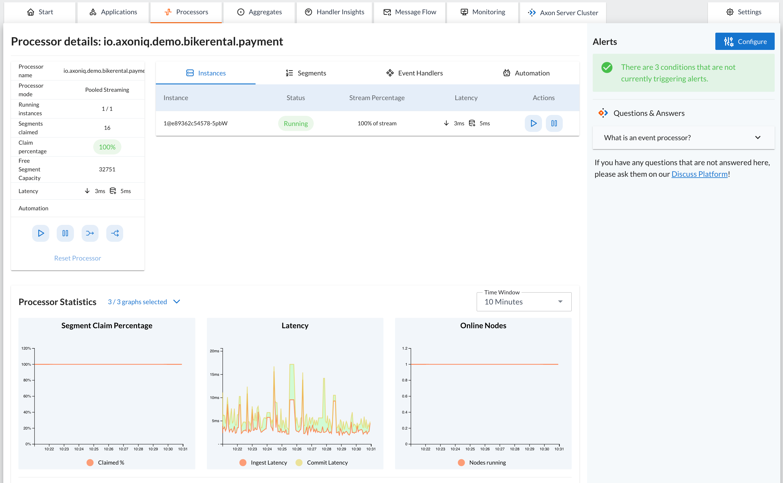 Screenshot of the processor detail view in the Processors tab of the AxonIQ Console dashboard. The screenshot shows a portion of the detailed information for the `io.axoniq.demo.bikerental.payment' processor, including the summary information table, the list of instances, and three graphs showing processor performance statistics: Segment Usage Percentage, Latency, and Number of Online Nodes.