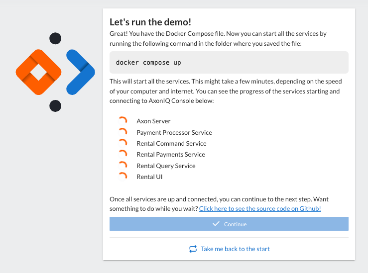 Screenshot of the panel showing AxonIQ Console waiting for the different components of the docker-based demo application to start and connect.