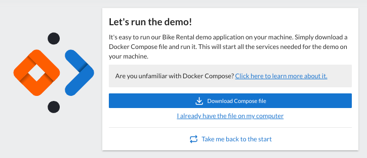 Screenshot of the dialog panel explaining that the demo is based on a docker-compose file. The panel shows a button to download the docker-compose file.