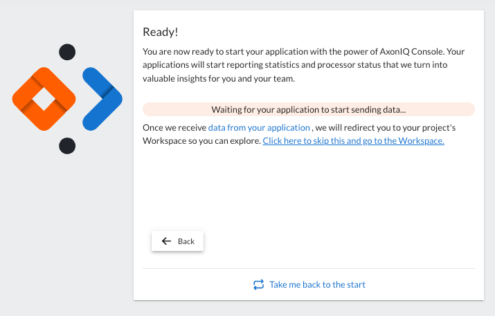 Screenshot of the dialog box showing that AxonIQ Console is ready and waiting for the application to connect.