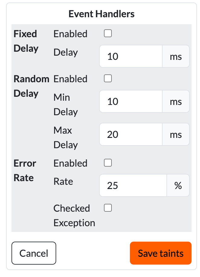 Screenshot of the Event Handlers panel, which allows to introduce delays or configure error rates for all event handlers in the Axon Framework application.