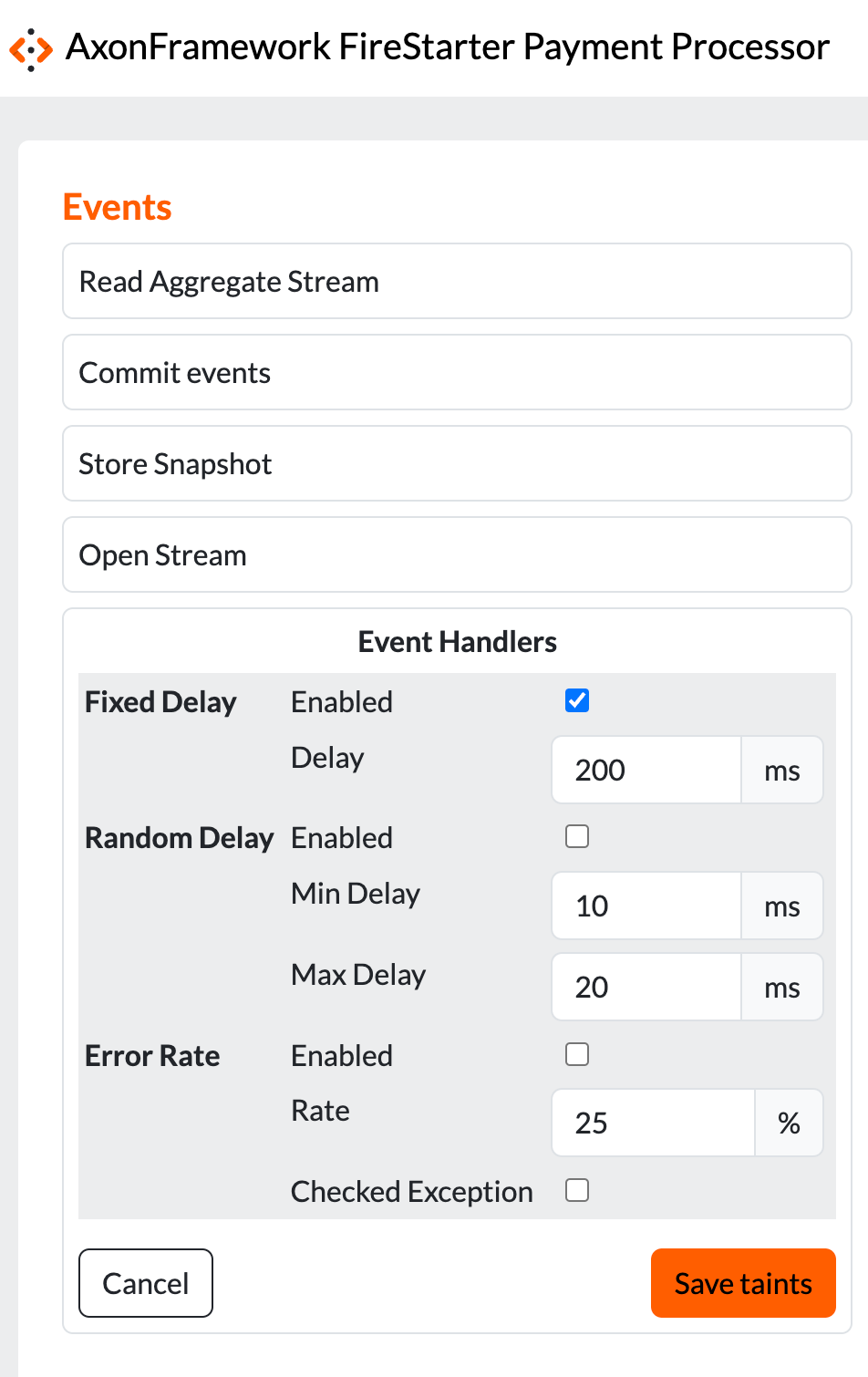 Screenshot of the Firestarter page of the Payment Processor with a fixed delay of 200 ms.