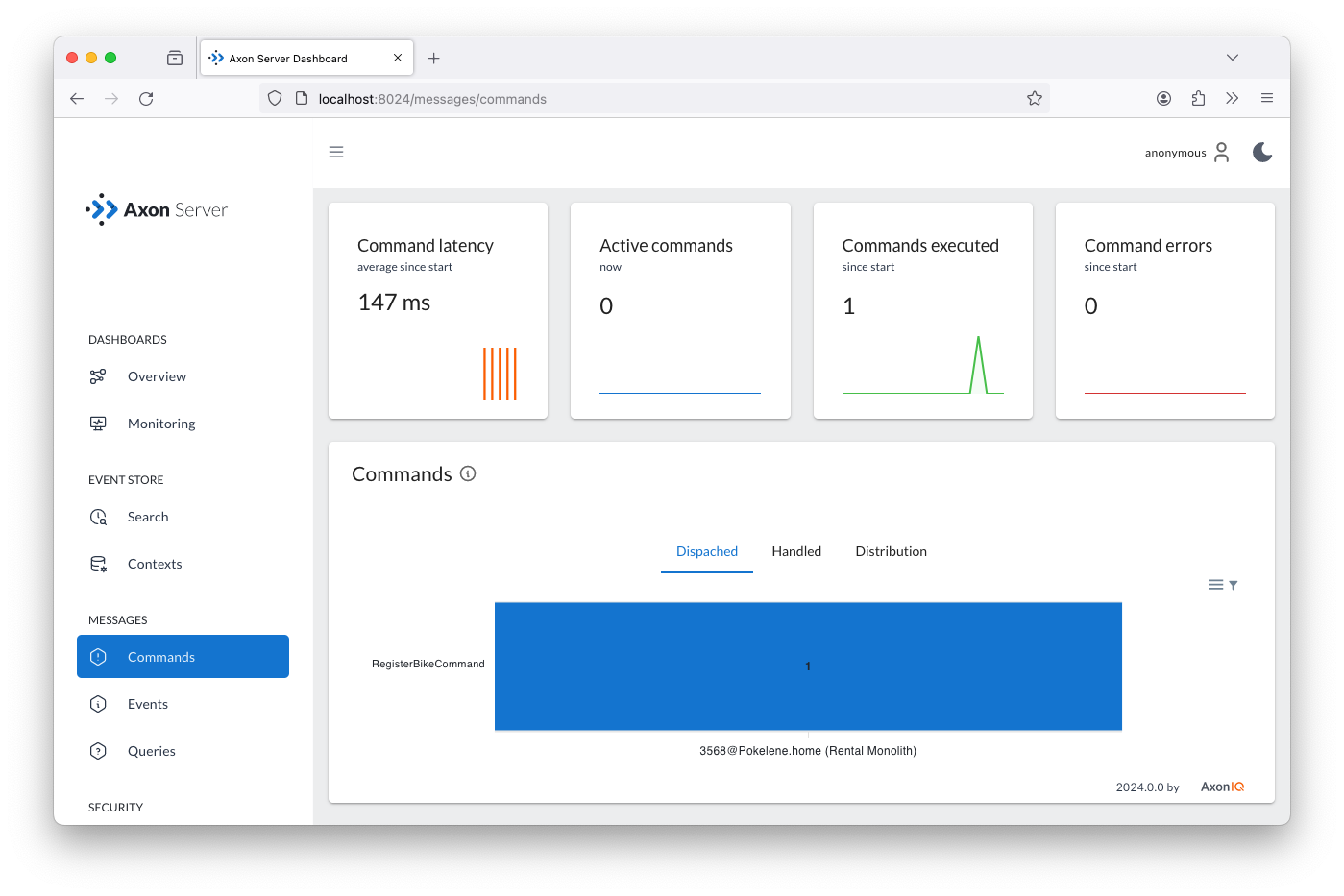 Screenshot of the Axon Server Commands panel