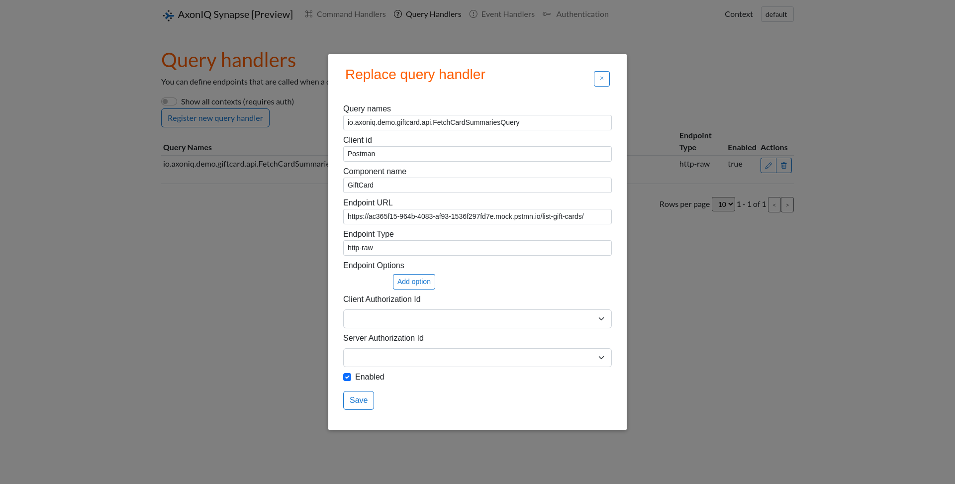 A screenshot of registering the query handling mock in the Synapse UI