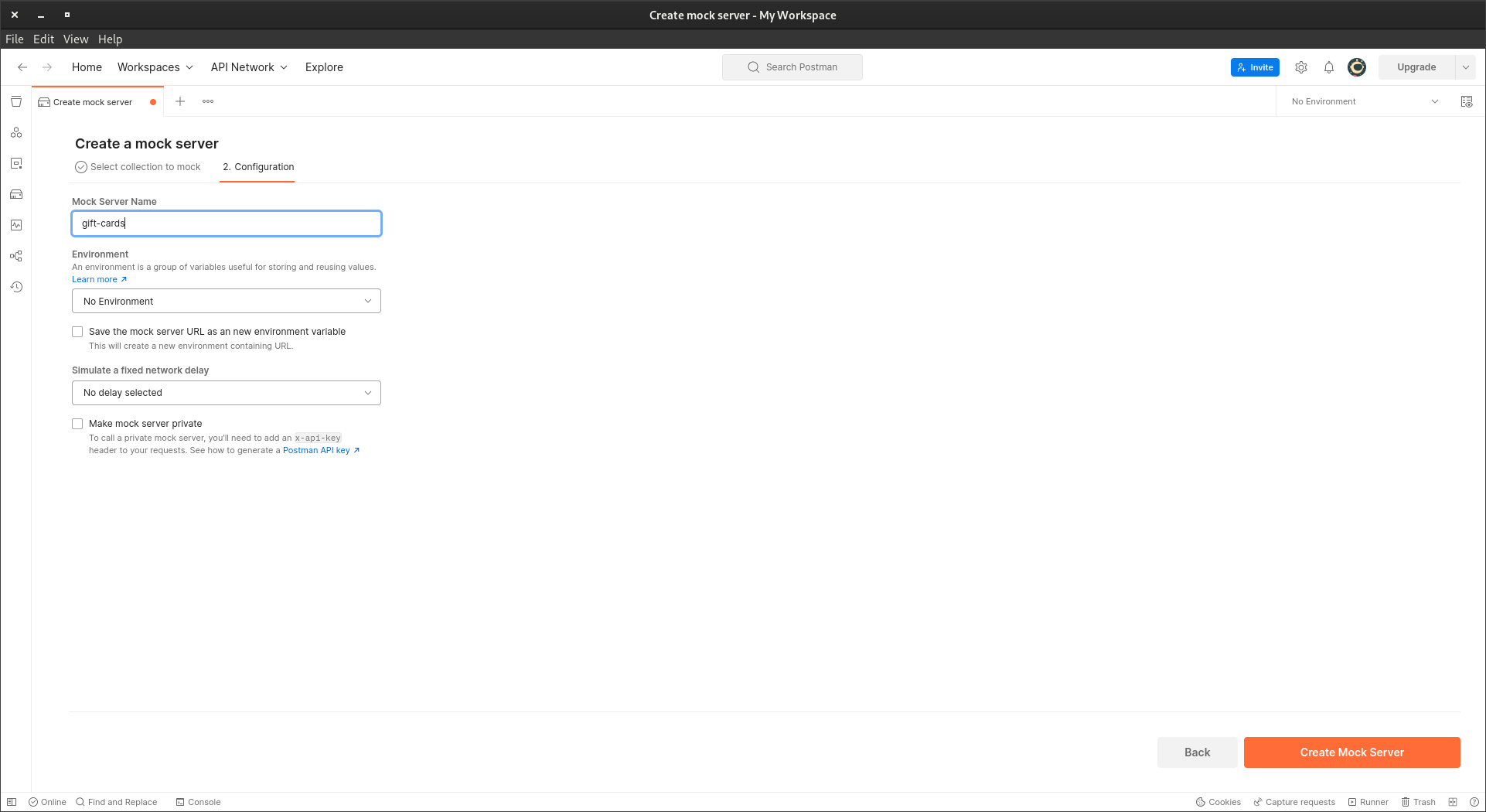 A screenshot of the first step of creating the query handling mock in the Postman