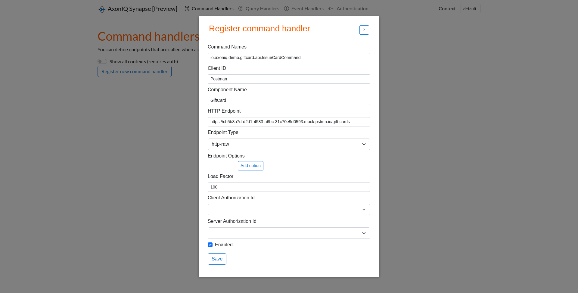 A screenshot of registering the command handling mock in the Synapse UI