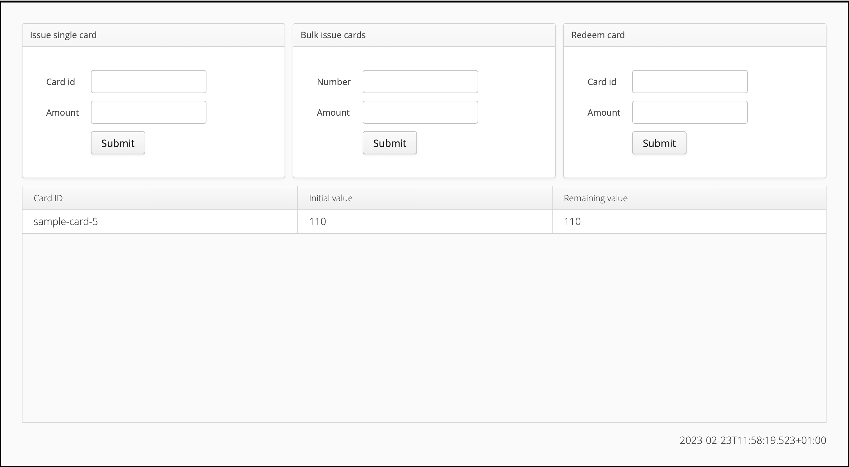 A screenshot of the Giftcard demo application UI