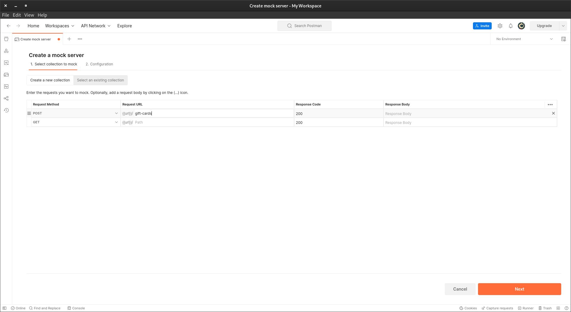 A screenshot of the first step of creating the query handling mock in the Postman